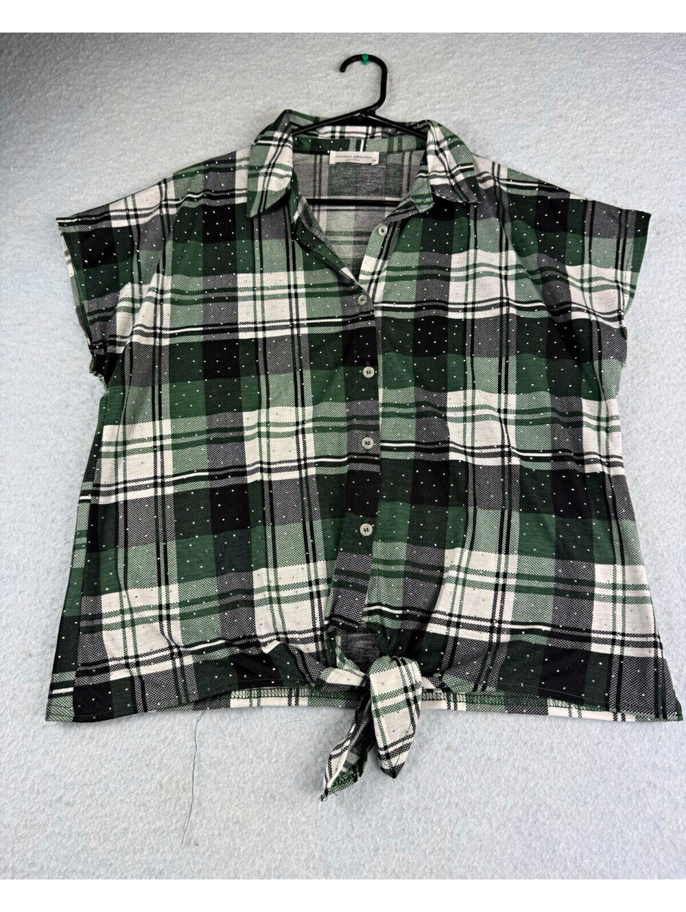 Modern Attraction Women's Plaid Collared Rhinestone Button-Up Blouse M Green